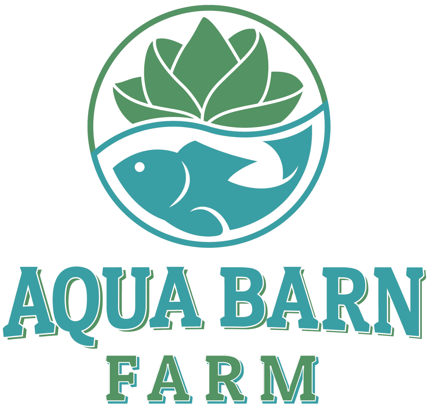 Logo of Aqua Barn Farm featuring a stylized fish and a green lotus plant, representing aquaculture and sustainable farming practices.